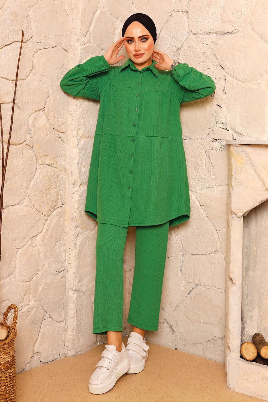 Tesettür giyim YEŞİL FİTİLLİ PANTOLONLU TAKIM 0082 