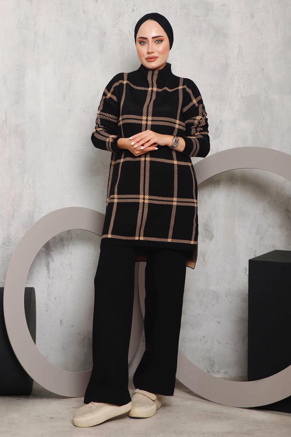 Tesettür giyim SİYAH EKOSE PANTOLONLU TRİKO TAKIM 0292