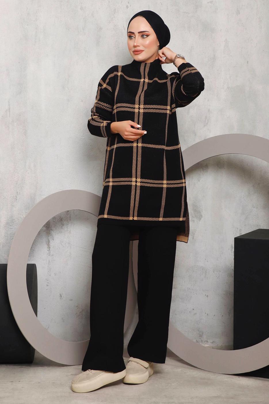 Tesettür giyim SİYAH EKOSE PANTOLONLU TRİKO TAKIM 0292