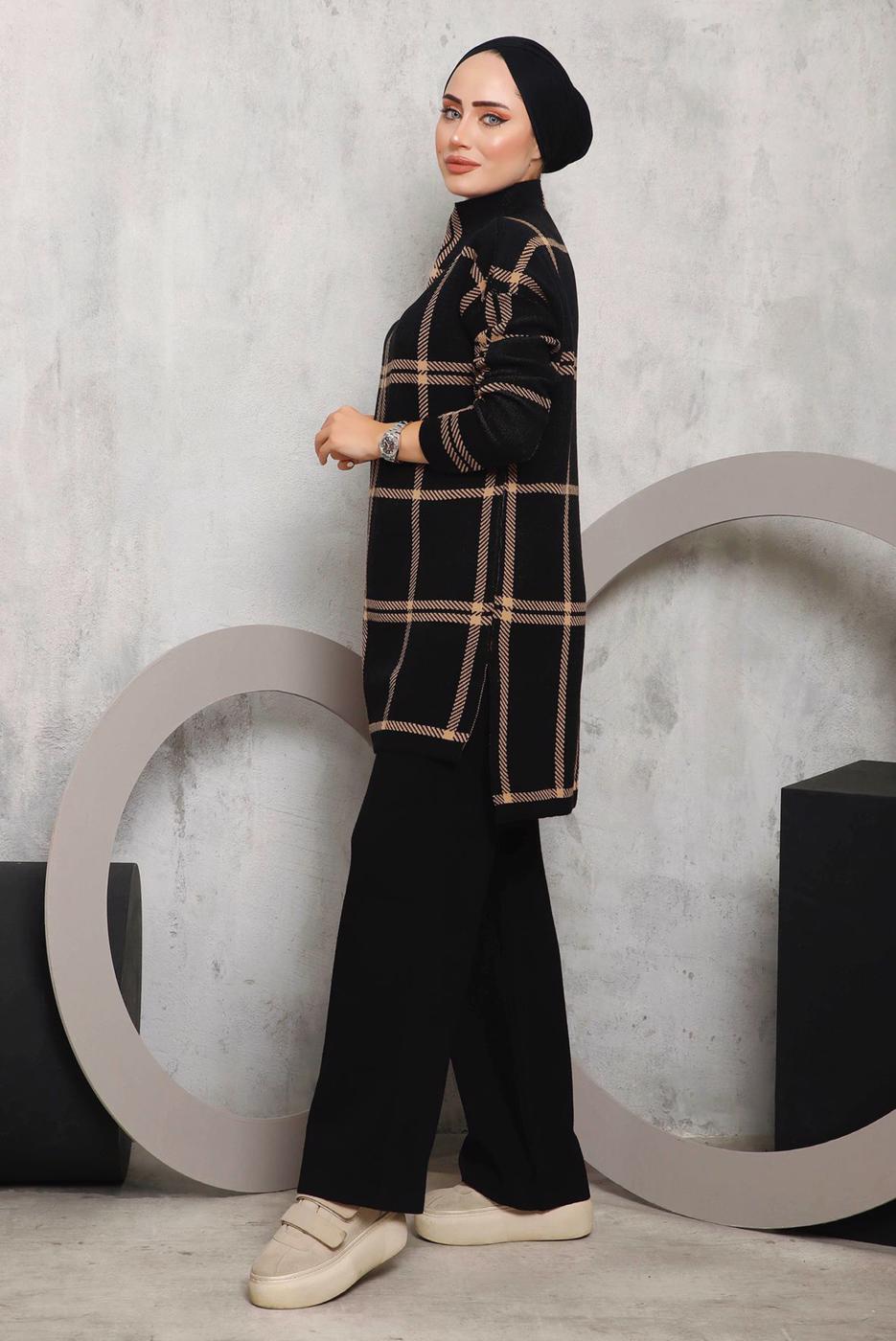 Tesettür giyim SİYAH EKOSE PANTOLONLU TRİKO TAKIM 0292
