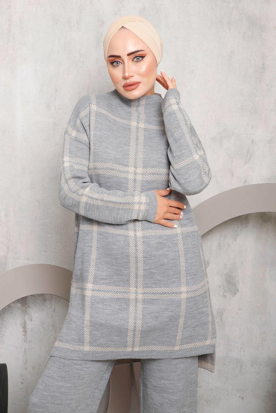 Tesettür giyim GRİ EKOSE PANTOLONLU TRİKO TAKIM 0292