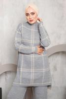 Tesettür giyim GRİ EKOSE PANTOLONLU TRİKO TAKIM 0292