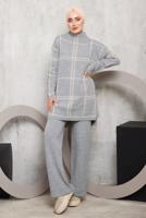 Tesettür giyim GRİ EKOSE PANTOLONLU TRİKO TAKIM 0292