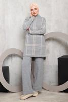 Tesettür giyim GRİ EKOSE PANTOLONLU TRİKO TAKIM 0292