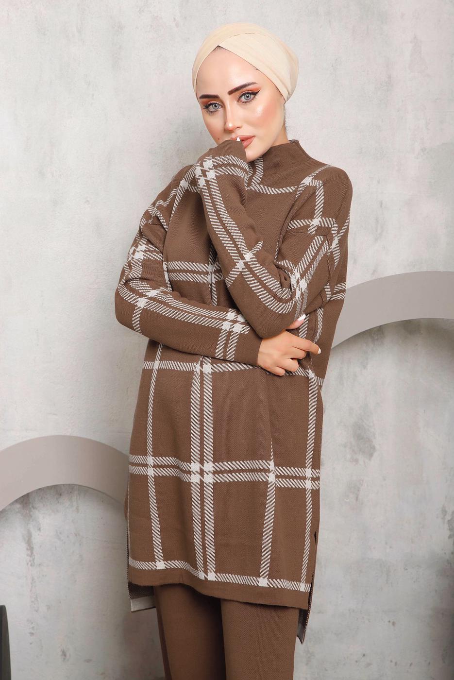 Tesettür giyim KAHVE EKOSE PANTOLONLU TRİKO TAKIM 0292