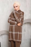 Tesettür giyim KAHVE EKOSE PANTOLONLU TRİKO TAKIM 0292