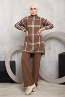 Tesettür giyim KAHVE EKOSE PANTOLONLU TRİKO TAKIM 0292