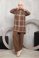 Tesettür giyim KAHVE EKOSE PANTOLONLU TRİKO TAKIM 0292