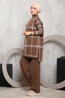 Tesettür giyim KAHVE EKOSE PANTOLONLU TRİKO TAKIM 0292