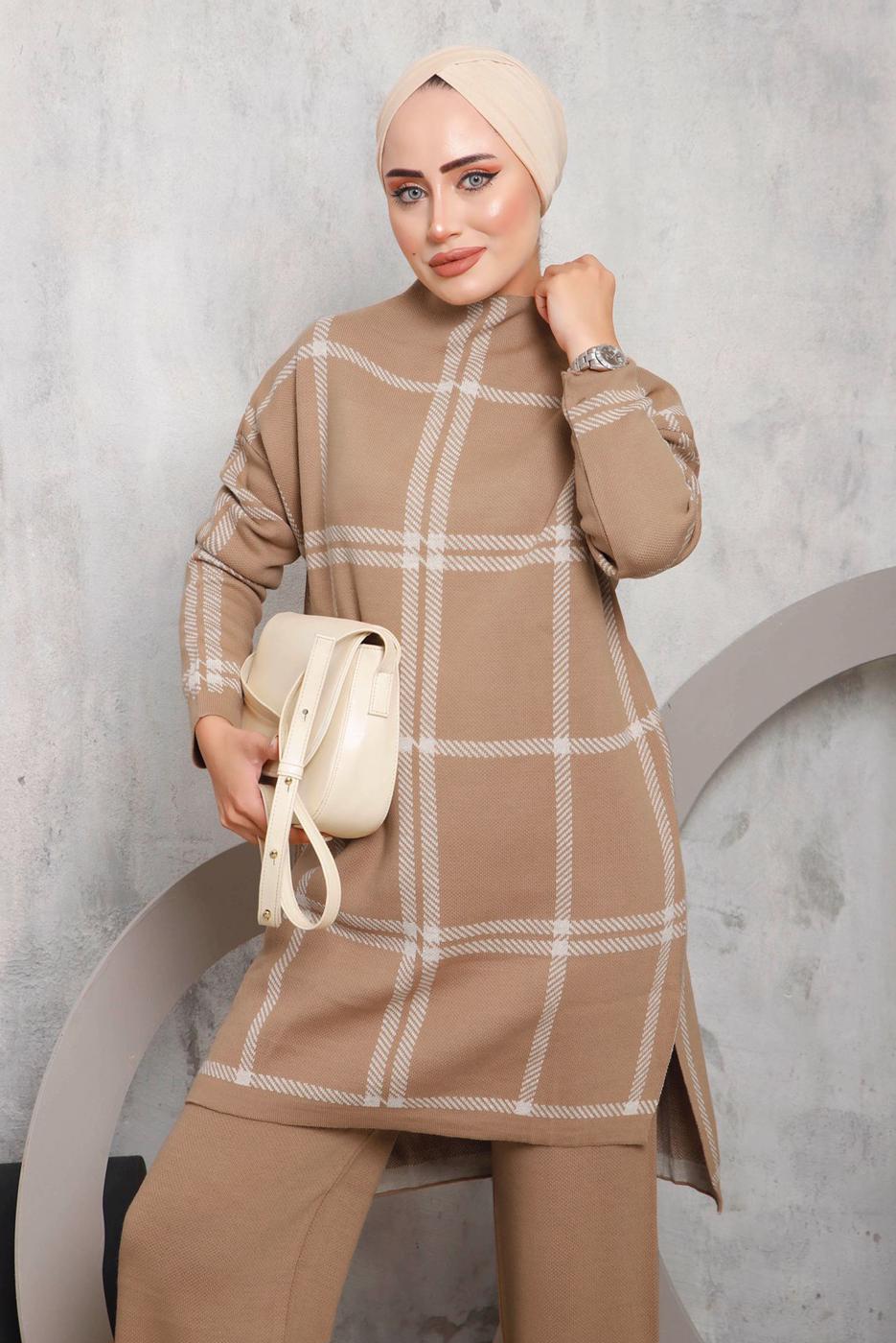 Tesettür giyim TABA EKOSE PANTOLONLU TRİKO TAKIM 0292