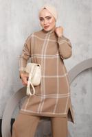 Tesettür giyim TABA EKOSE PANTOLONLU TRİKO TAKIM 0292