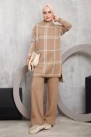 Tesettür giyim TABA EKOSE PANTOLONLU TRİKO TAKIM 0292