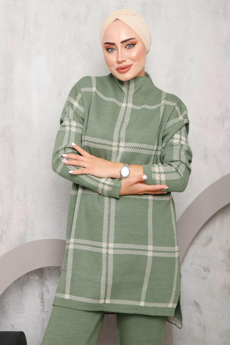 Tesettür giyim YEŞİL EKOSE PANTOLONLU TRİKO TAKIM 0292