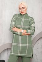 Tesettür giyim YEŞİL EKOSE PANTOLONLU TRİKO TAKIM 0292