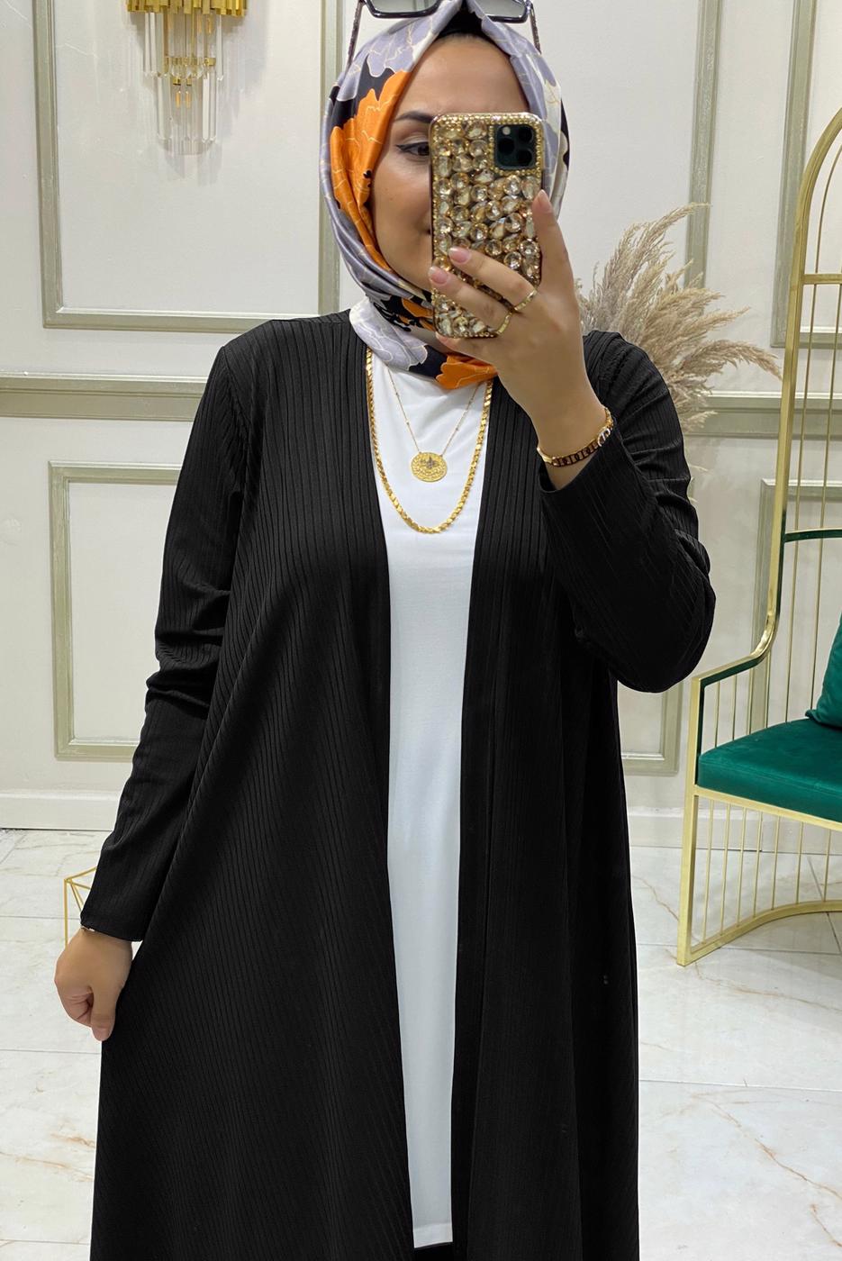 Tesettür giyim SİYAH BELİ LASTİKLİ ÜÇLÜ PANTOLON TAKIMI T 0301