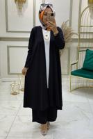 Tesettür giyim SİYAH BELİ LASTİKLİ ÜÇLÜ PANTOLON TAKIMI T 0301