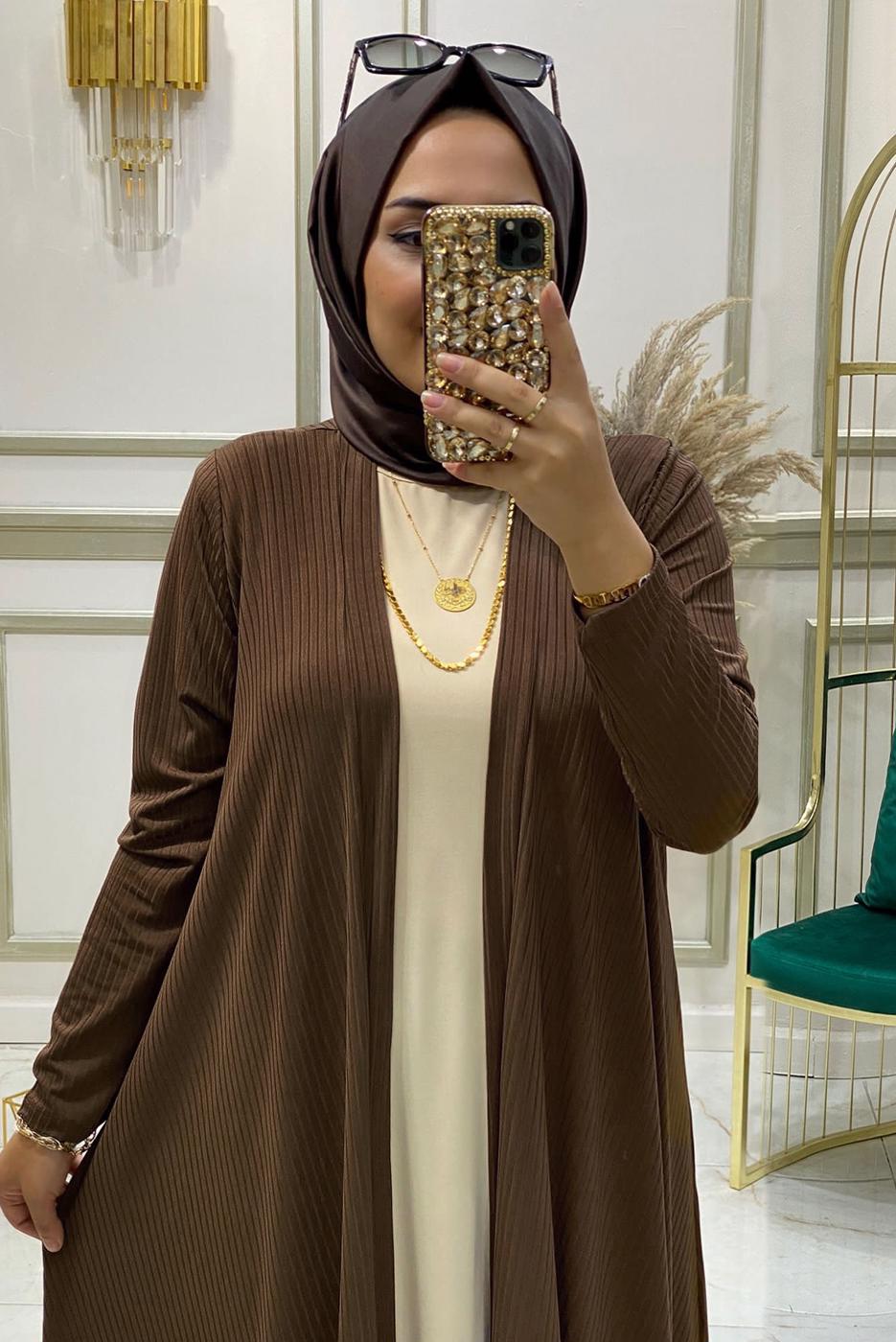 Tesettür giyim KAHVE BELİ LASTİKLİ ÜÇLÜ PANTOLON TAKIMI T 0301