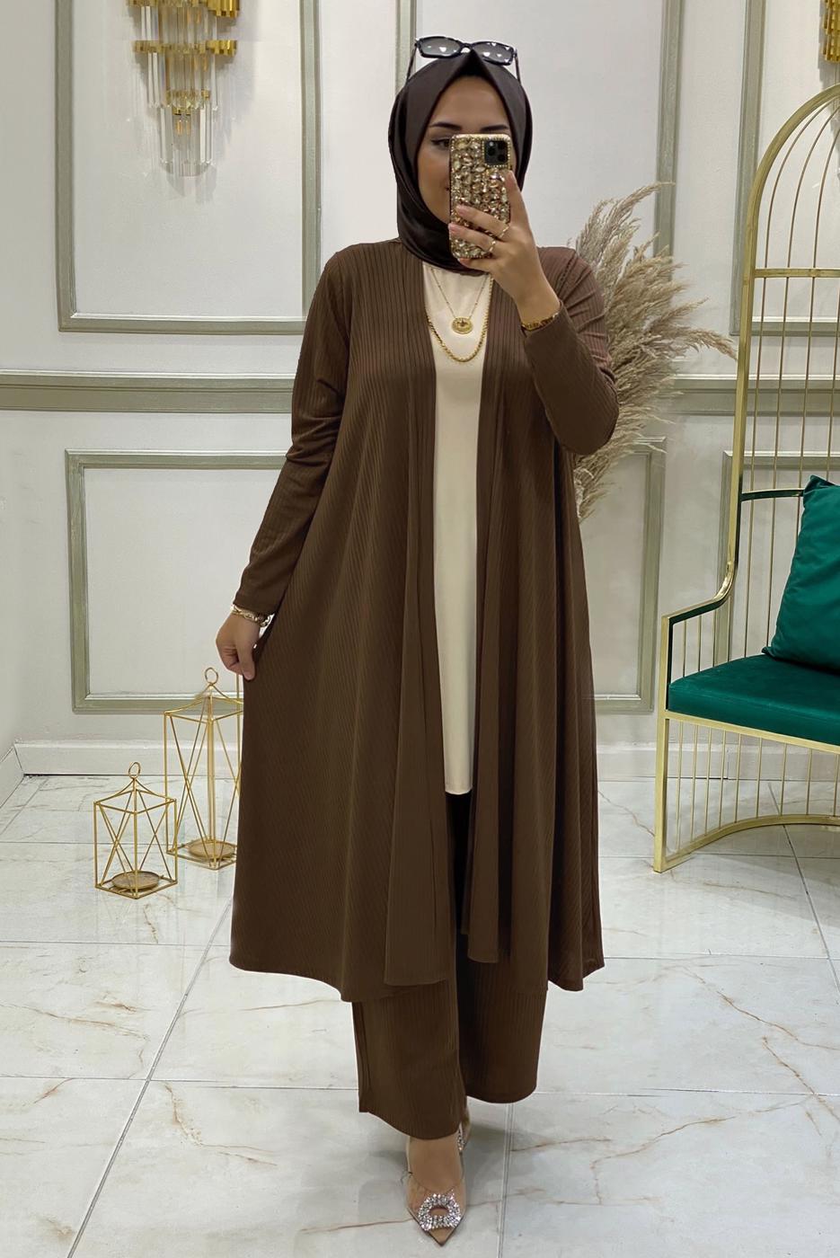 Tesettür giyim KAHVE BELİ LASTİKLİ ÜÇLÜ PANTOLON TAKIMI T 0301