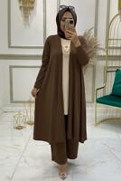 Tesettür giyim KAHVE BELİ LASTİKLİ ÜÇLÜ PANTOLON TAKIMI T 0301
