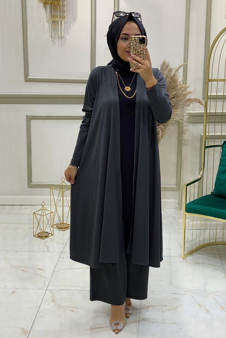 Tesettür giyim GRİ BELİ LASTİKLİ ÜÇLÜ PANTOLON TAKIMI T 0301