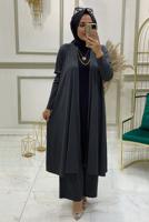 Tesettür giyim GRİ BELİ LASTİKLİ ÜÇLÜ PANTOLON TAKIMI T 0301