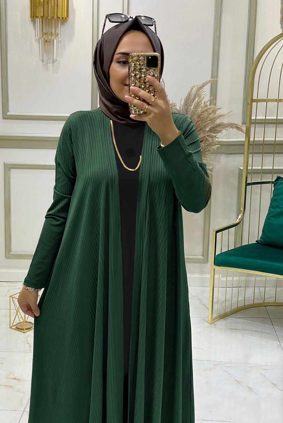 Tesettür giyim YEŞİL BELİ LASTİKLİ ÜÇLÜ PANTOLON TAKIMI T 0301