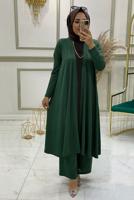 Tesettür giyim YEŞİL BELİ LASTİKLİ ÜÇLÜ PANTOLON TAKIMI T 0301