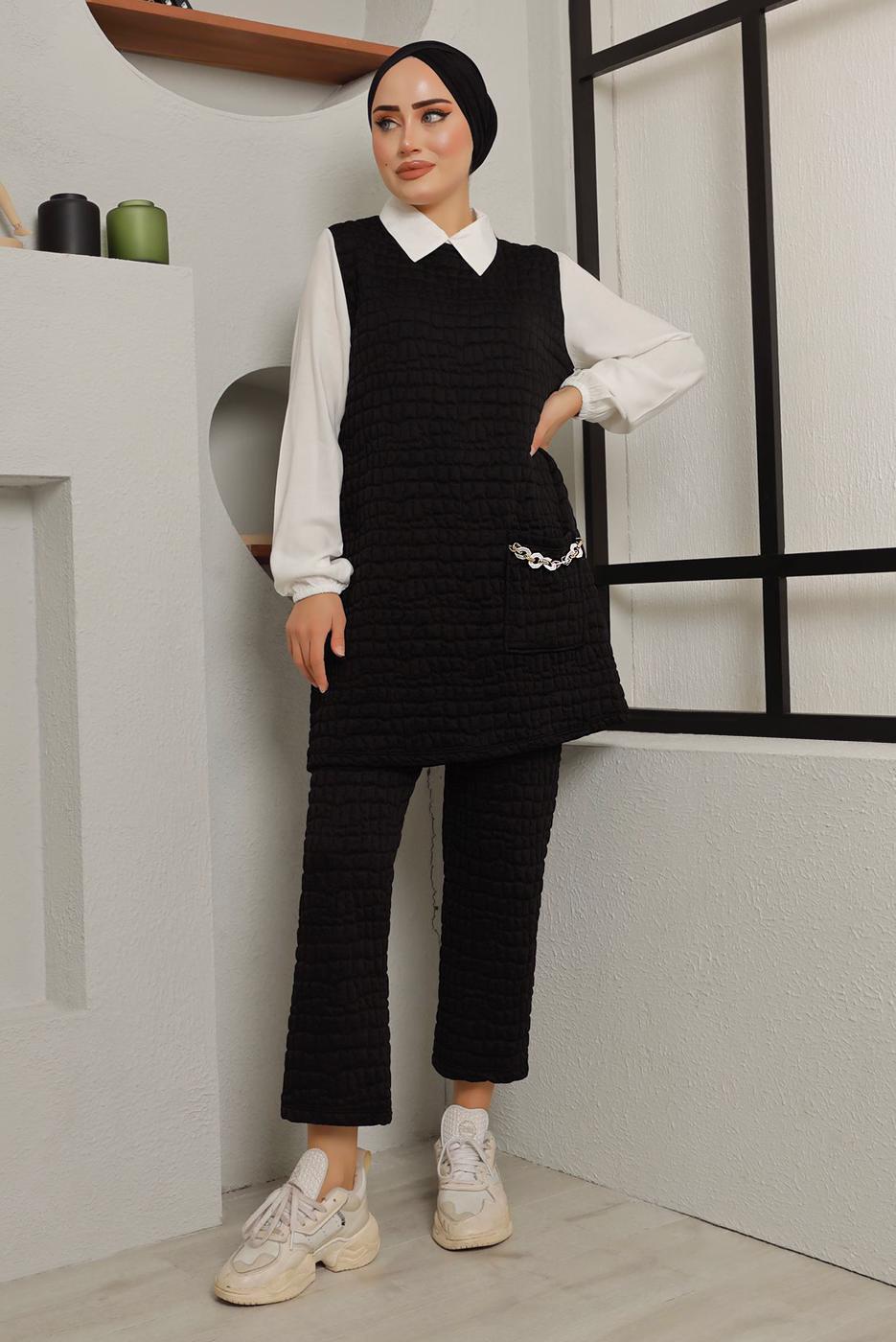 Tesettür giyim SİYAH ZİNCİR DETAYLI İKİLİ PANT. TAKIM 0482 