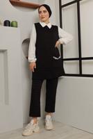 Tesettür giyim SİYAH ZİNCİR DETAYLI İKİLİ PANT. TAKIM 0482 