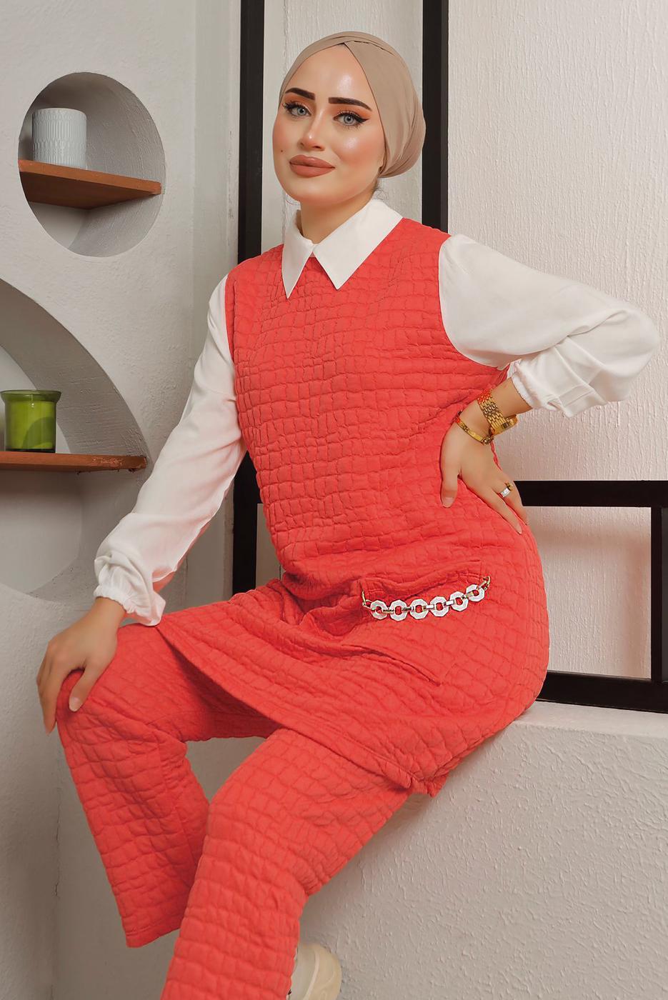 Tesettür giyim TURUNCU ZİNCİR DETAYLI İKİLİ PANT. TAKIM 0482 