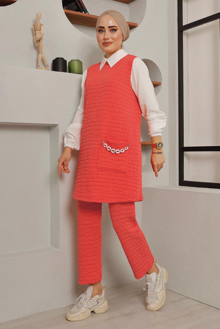 Tesettür giyim TURUNCU ZİNCİR DETAYLI İKİLİ PANT. TAKIM 0482 