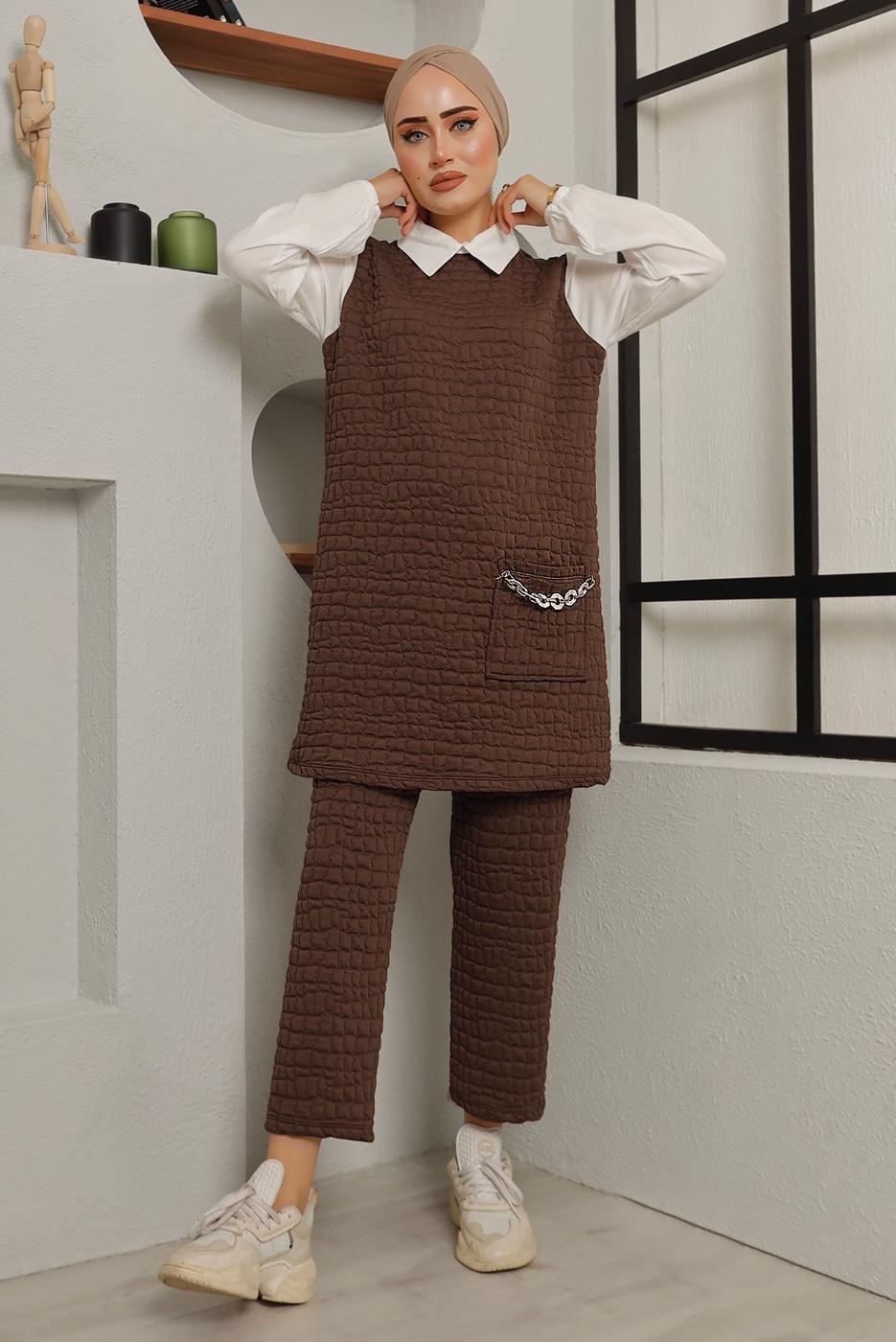 Tesettür giyim KAHVE ZİNCİR DETAYLI İKİLİ PANT. TAKIM 0482 