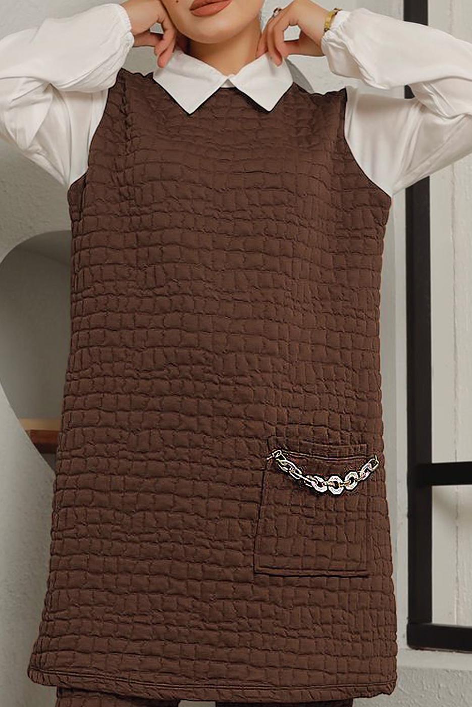 Tesettür giyim KAHVE ZİNCİR DETAYLI İKİLİ PANT. TAKIM 0482 