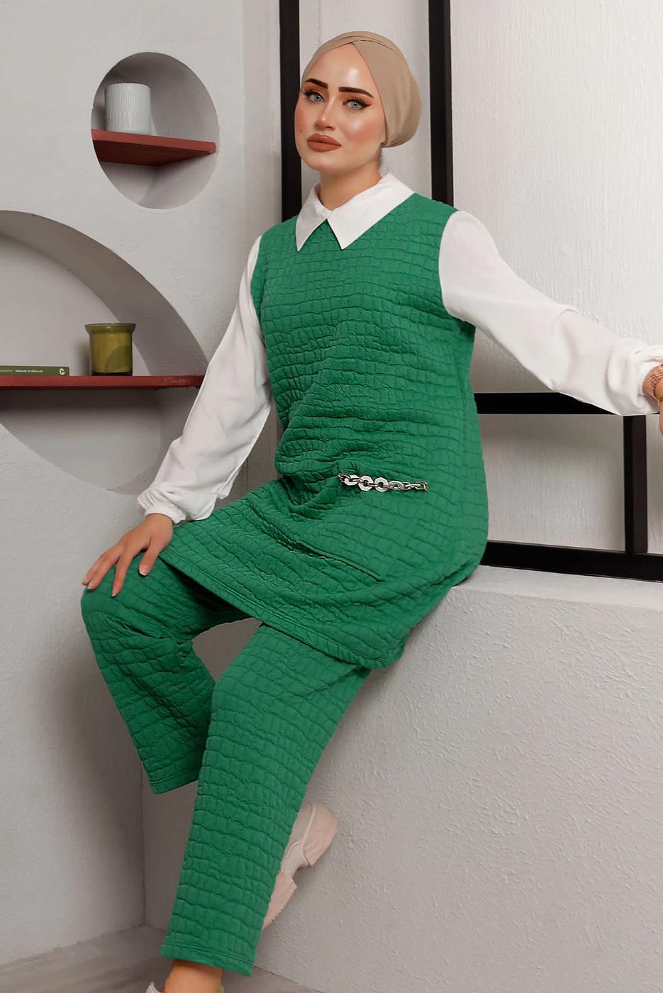 Tesettür giyim YEŞİL ZİNCİR DETAYLI İKİLİ PANT. TAKIM 0482 