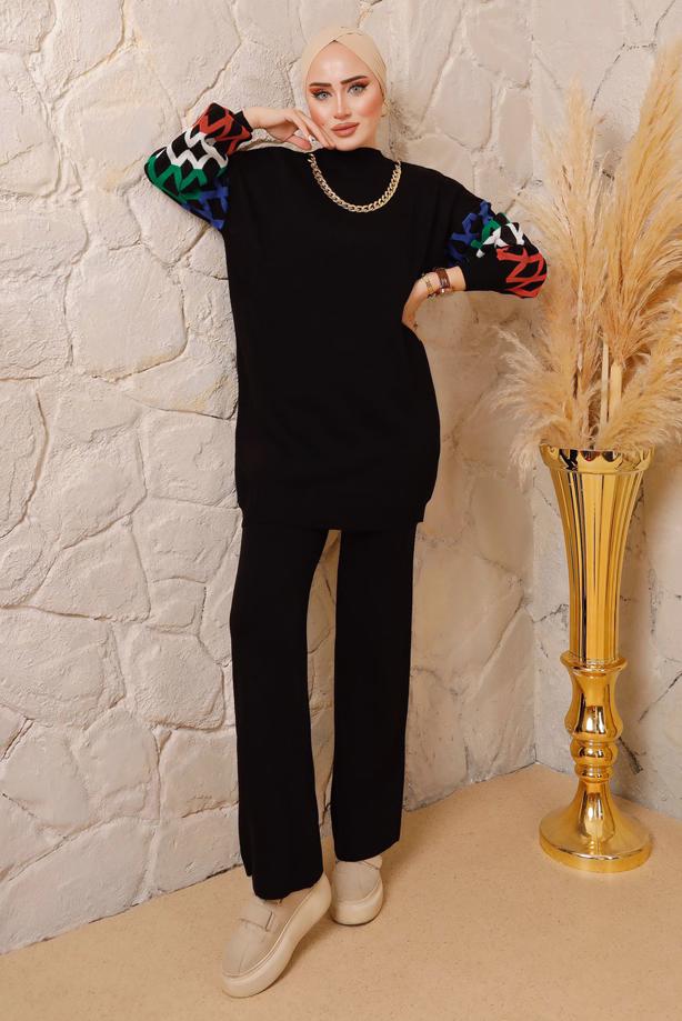 Hijab clothing BLACK CHAIN DETAIL KNITWEAR PANTS SUIT 0692  - TRENDTESETTÜR