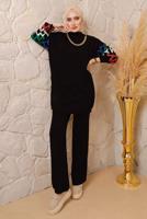 Vêtements hijab NOIR COSTUME PANTALON MAILLE DÉTAIL CHAÎNE 0692