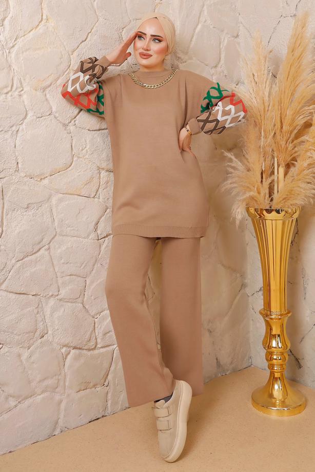 Hijab clothing BROWN CHAIN DETAIL KNITWEAR PANTS SUIT 0692  - TRENDTESETTÜR