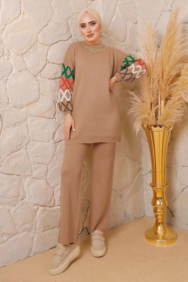 Hijab clothing BROWN CHAIN DETAIL KNITWEAR PANTS SUIT 0692  - TRENDTESETTÜR
