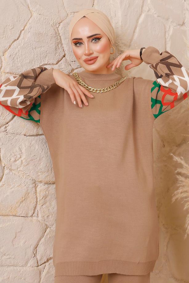 Hijab clothing BROWN CHAIN DETAIL KNITWEAR PANTS SUIT 0692  - TRENDTESETTÜR