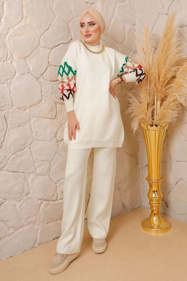 Hijab clothing ECRU CHAIN DETAIL KNITWEAR PANTS SUIT 0692  - TRENDTESETTÜR