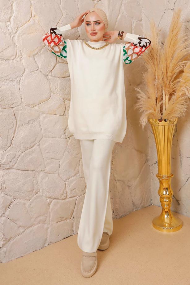 Hijab clothing ECRU CHAIN DETAIL KNITWEAR PANTS SUIT 0692  - TRENDTESETTÜR