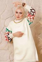 Hijab clothing ECRU CHAIN DETAIL KNITWEAR PANTS SUIT 0692 