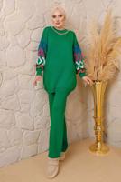 Tesettür giyim YEŞİL ZİNCİR DETAYLI PANTOLONLU TRİKO TAKIM 0692 