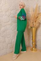 Tesettür giyim YEŞİL ZİNCİR DETAYLI PANTOLONLU TRİKO TAKIM 0692 