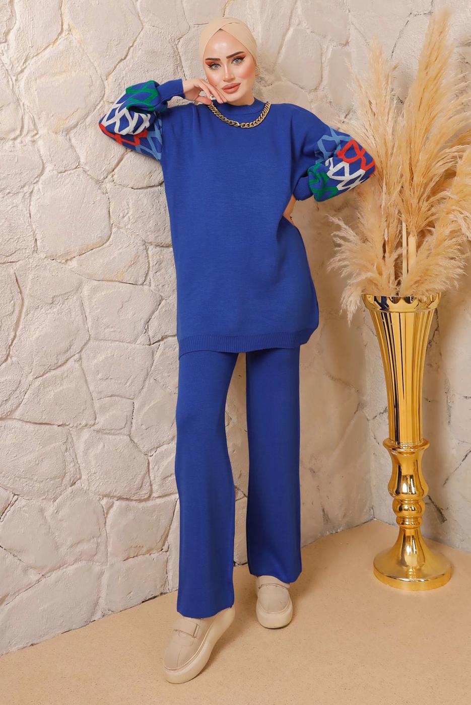 Tesettür giyim LACİVERT ZİNCİR DETAYLI PANTOLONLU TRİKO TAKIM 0692 