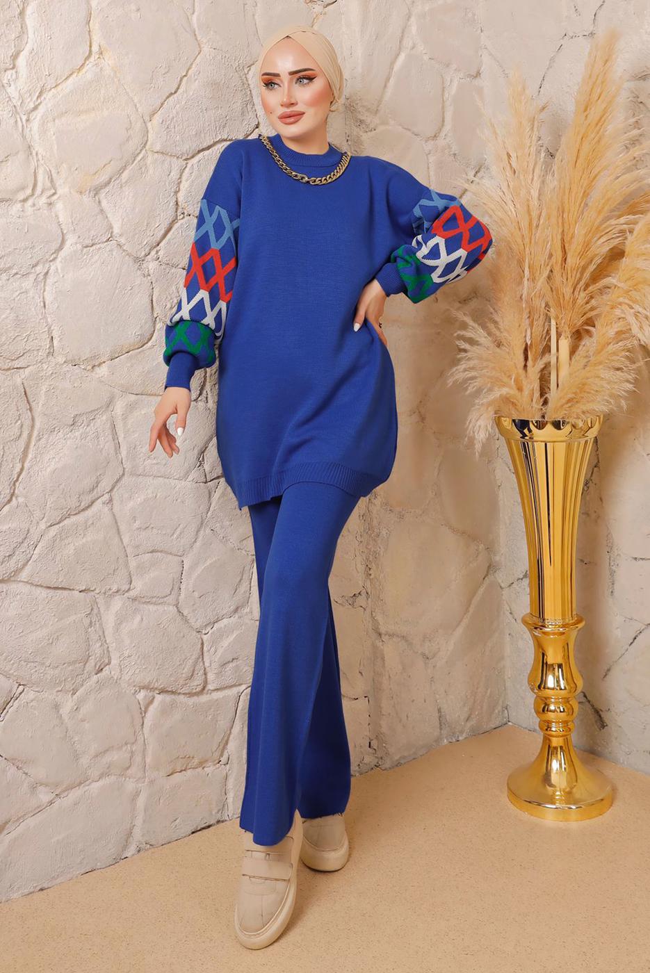 Tesettür giyim LACİVERT ZİNCİR DETAYLI PANTOLONLU TRİKO TAKIM 0692 