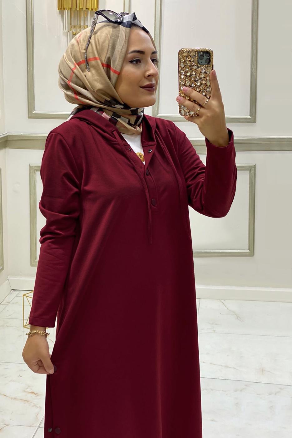 Tesettür giyim BORDO KAPÜŞONLU ÇITÇITLI PANTOLON TAKIMI T 0911