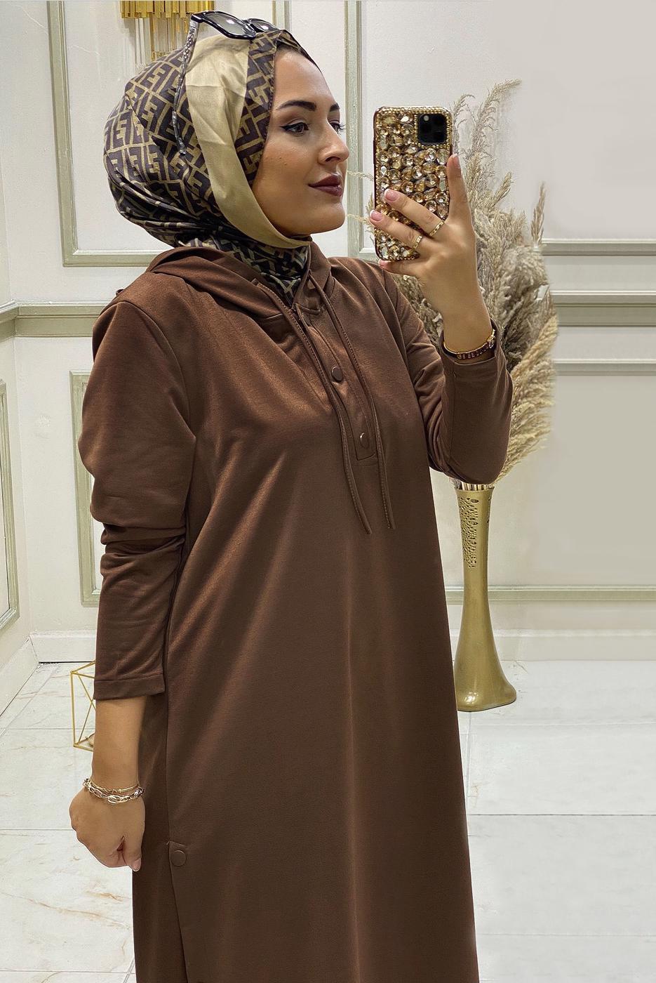 Tesettür giyim KAHVE KAPÜŞONLU ÇITÇITLI PANTOLON TAKIMI T 0911