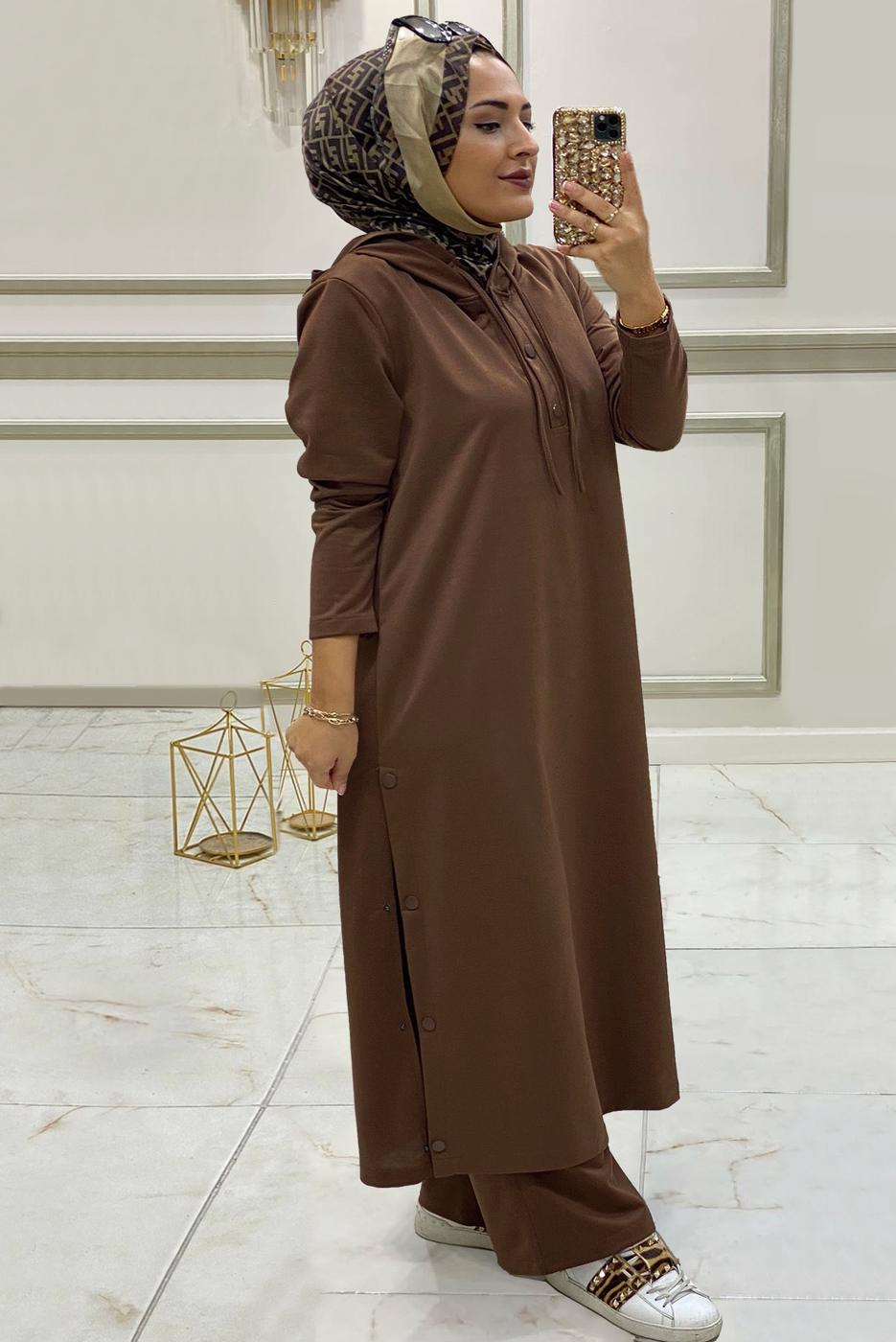 Tesettür giyim KAHVE KAPÜŞONLU ÇITÇITLI PANTOLON TAKIMI T 0911