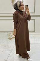 Tesettür giyim KAHVE KAPÜŞONLU ÇITÇITLI PANTOLON TAKIMI T 0911
